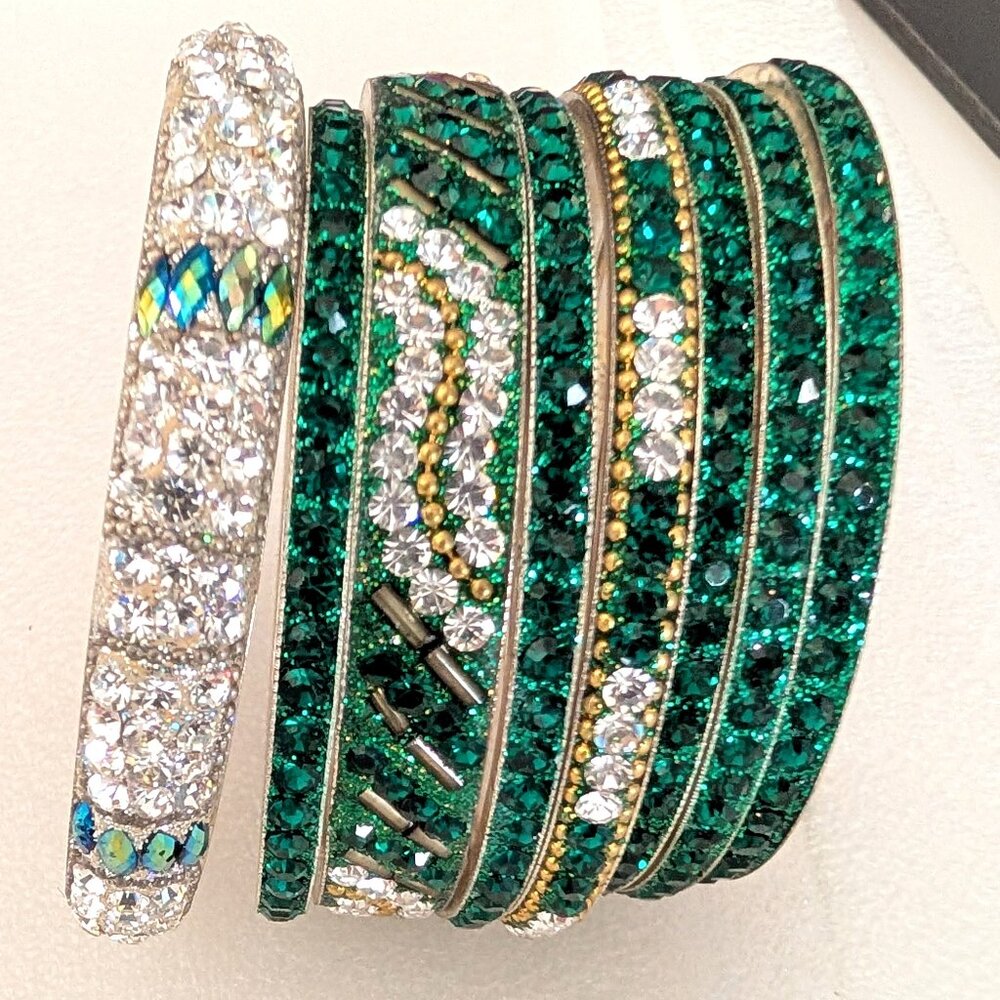 Bundle of 8 green, gold and clear sparkly beaded stacking bangles - Picture 8 of 9